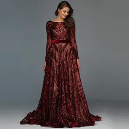 Borgonha luxo glitter lantejouled vestidos de noite uma linha 2022 Árabe Dubai Marroquino Kaftan mulheres vestidos de festa formais mangas compridas vestido de baile ocasião especial