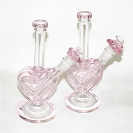 Hookah Beaker Glass Bong Water Pipes med rosa hjärtform Glasskål Ice Catcher tjockt material för rökning 9 "bongs