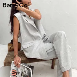 BerryGo Gray sleeveless woman suits Summer casual loose Chic collar sets Sleeveless top high waist pants 211105