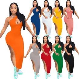 Summer Women Designer Long Maxi Dresses Fashion Solid Color Sexy One Shoulder Hollow Out Split Bodycon Pencil Dress Clubwear Plus Size