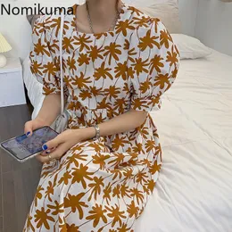 Nomikuma Robe Femme Coreano Vestido de Verão Feminino Puff Manga Curta Gola Quadrada Cintura Alta Vestidos Mujer Estampado 210514