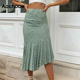 Bohemian tryckta midi kvinnor höga midja ruffles vintage kjolar sommar chic bodycon kjol jupe femme 210413