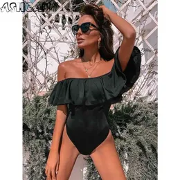 Ashgaily Black Lace Flounce Off Shoulder Swimsuit Women Sexy Bodysuit Monokini Swimwear Ruffle Bathing Suit 210630