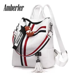 Amberler Fashion Women Backpack Fashion PU Leather School Backpacks For Teenage Girls Preppy Style New Tassel Shoulder Bags X0529