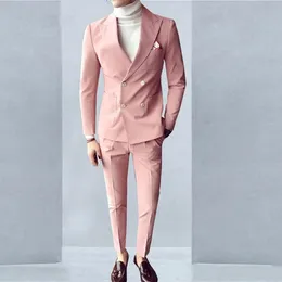 Dubbelbröst Brudgum Bröllop Tuxedos Mens Passar 2 stycken Rosa Långärmad Slim Fit Handsome Man Formell Wear Male Blazer Custom Made