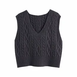 Streetwear Women V-Neck Sweater Tanks Fashion Ladies Grey Twist Knitted Tops Causal Female Chic Short Vest Girl Pullover 210427