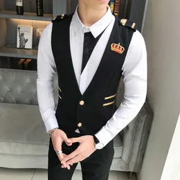 Haft Crown Sukienka Kamizelki dla Mężczyzn Slim Fit Kamizelki Garnitury Casual Business Wedding Tuxedo Vest Gilet Chalecos Para Hombre 210527