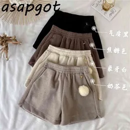 Asapgot Kvinnor Woolen Shorts Winter Spring Warm High Waist Wide Leg Koreanska Ladies Solid Färg Loose Feminino 210722