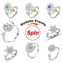 Cluster Rings Anxiety Ring Fidgets Spinner For Women & Men Crystal Sunflower Rotate Freely Spinning Anti Stress Accessories Jewelry Gift