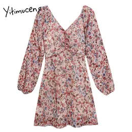 Yitimuceng Vintage Floral Pint Button Mini Dresses Women V-Neck A-Line Long Sleeve Spring French Fashion Sweet Dress 210601
