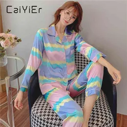 CAIYIER Winter Women Pajamas Set Sexy Satin Pyjamas Female Sleep Lingerie Nightwear 2Pcs Silk Lapel Sleepwear Long Sleeve 210809