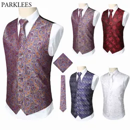 Men Paisley Floral Vest Set (Vest+Necktie+Pocket) 3pcs Waistcoat Men Wedding Party Dance Mens Suit Vests Slim Fit Men Gilet USA 210524