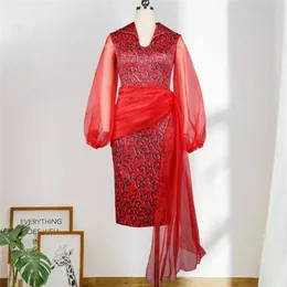 Kvinna röd tryck klänning vår sommar smal patchwork spets office penna klänningar kvinnor elegant midi lång kväll fest vestido 210520