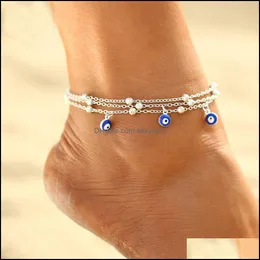 Charm armband smycken s1604 mode mti-skikt ankelt turkiska blå ögonhänge pärlor ankel armband strand anklets droppleverans 2021 xww73
