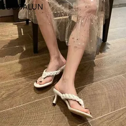 SUOJIALUN, marca de moda, zapatillas tejidas para mujer, sandalias finas de tacón alto para mujer, zapatos de verano para exteriores, chanclas informales para playa, chanclas Muj K78