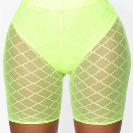 Kvinnor Neon Green Shorts Mesh Patchwork Design Se igenom Fashion Mid Waist Elastic Hip Ladies Streetwear 210517