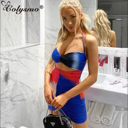 Colysmo Yaz Baskı Elbise Kadın Backless 2 Katmanlı Hollow Out Up Minceli Slim Fit Elbiseler Kadın Moda Elastik Parti Bezi 210527