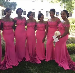 2021 Hot Pink Plus Size Bridesmaid Dresses Off Shoulder Appliques Lace Mermaid Maid Of Honor Wedding Guest Dress Women Wear Formal Party Dresses