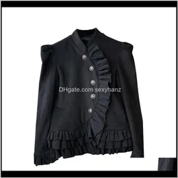 Outerwear Womens Clothing Apparel Drop Delivery Sondr Vintage All Match Black 2021 Coat Ruffle Standing Collar Irregular Coats Jackets Women