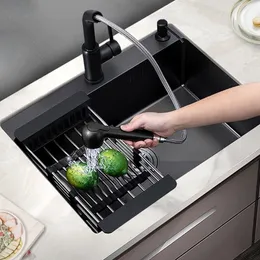 304 Rostfritt stål Topmount Kitchen Sink Singelskål Mörk Svartgrå Tvättfat För Hem Fixtur Avlopp Tillbehör Bar Sink