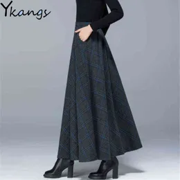 Plus Size High Waist Woolen Plaid Kjolar Vinter Varm Kvinnors Ull Maxi Kjolar Kontor Ladies Fashion Casual Long Streetwear 211120