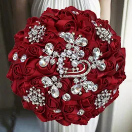 Decorative Flowers & Wreaths 1pc/lot Wine Red Ribbon Bridal Wedding Bouquet With Diamond For Decoration