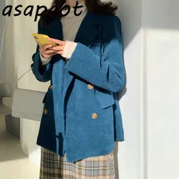 Asapgot 8 Color Fall Korea Chic Loose Blazers Coat Long Sleeve Solid Vintage Double Breasted Corduroy Suits Woman Jacket 210610