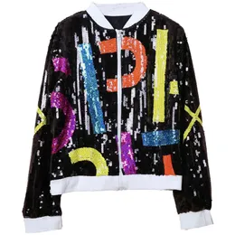 Kvinnor Svart Blå Guld Multicolor Brev Sequined Utwear Bomber Jacka Zipper Långärmad Casual Baseball Uniform C0369 210514