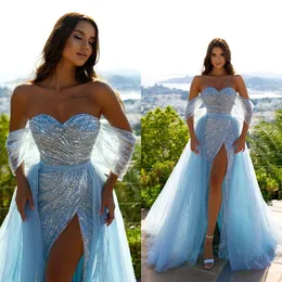 Light Sky Blue Split Mermaid Prom Dresses With Detachable Train Off Shoulder Beading Women Formal Evening Party Pageant Gowns