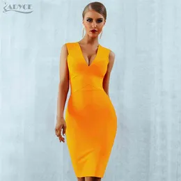 Adyce Summer Women Bandaż Sukienka Vestidos Czerwony Pomarańczowy Tank Sexy Deep V-Neck Bez Rękawów Bodycon Celebrity Start Party 210623