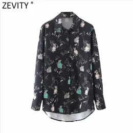 Zevity Women Sweet Animal LettersプリントカジュアルスリムスモークブラウスオフィスレディロングスリーブシャツシックブラザストップスLS7621 210603