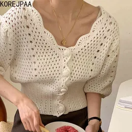 Frauen Pullover Sommer Korea Süße Einfache Sanfte Damen V-ausschnitt Ausdünnung Rand Taste Hohl Puff Ärmel Strickjacke 210514