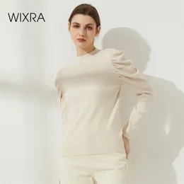 Wixra Kvinnors Solid Tröja Mode O-Neck Long Puff Sleeve Höst Vinter Pullovers Tops Femme Stickning Jumpers 210812