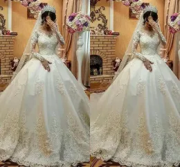 Langarmes Ballkleidung Brautkleider Brautkleid Juwelenhals Spitze Applikat Corsett Rückenperlen Kristalle Gespür gemachter Plus -Size -Vestido de Novia 403