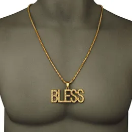 Hip Hop Bless Pendant Necklace 18K Gold Plated High Quality Cubic Zirconia Crystal Diamante HipHop Jewelry Men Women Gifts