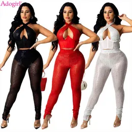 Adogirl Women Sexy Sequins Two Piece Set Hollow Out Cross Halter Corset Crop Tops Split Pencil Pants Club Birthday Party Suits 211115