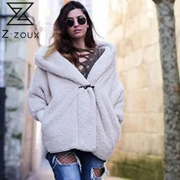 Женщины зимнее пальто с капюшоном белый меховой куртка мода свободных длинных искусственных покрытий теплые имитация пальто осень 210524