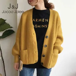 Jocoo Jole Kvinnor Höst Vinter V Neck Sweater Coat Loose Cardigans Casual Single Breasted Stickad Jacka Outwear 210518