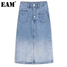 [EAM] High Waist Blue Gradual Color Long Denim Temperament Half-body Skirt Women Fashion Spring Summer 1DD8750 210512