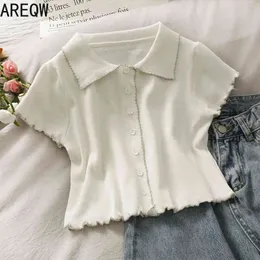 Small Scheming Short Slim Slimming Single-breasted Knit Top Women's Spring and Summer Lapel Short-sleeved T-shirt Trend 210507