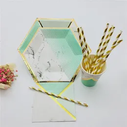 Disposable Dinnerware 16Sets Pink Gold Party Hexagonal Marble Plates Paper Cups Straws Napkins Green Year Baby Shower Wedding Tableware