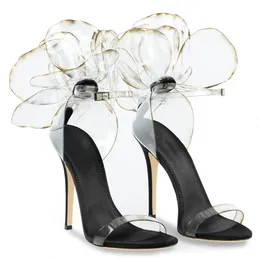 الجلود PVC Real 2024 Lady Sexy Ladies 9.5cm High Heel Sandals Shoes Flower Flower Peep Tee Open One-Line Buckle Party Size 34-42 LG AAAC4