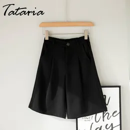 Shorts das mulheres negras verão garemay moda longo solto casual chique bolsos de meia-comprimento estilo coreano vintage cintura alta 210514