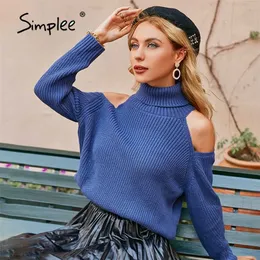 Suéteres casuales de cuello alto para mujer, suéter elegante de invierno recortado de manga larga para mujer, suéter corto de otoño con hombros descubiertos 211011