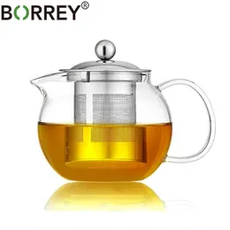 BORREY Transparent Borosilicate Glass Teapot With Infuser Filter Holder Heat Resistant Loose Leaf Tea Pot Tool Kettle Set 210621