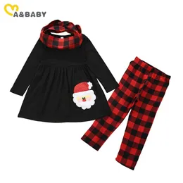 1-6Y Jul Toddler Kid Baby Flickor Kläder Set Cartoon Santa Långärmad Tunika Top Plaid Byxor Scarf Xmas Outfits 210515