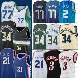 34 جيانيس قمصان كرة السلة Antetokounmpo Joel 21 Embiid LaMelo 2 Ball Allen 3 Iverson Luka 77 Doncic Jersey