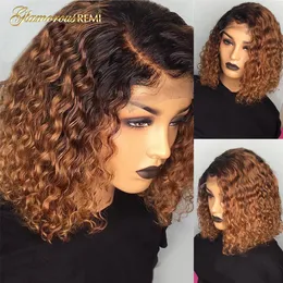 Ombre Curly Short Bob Wig Brazilian Curly Human Hair Wigs 13x1 T Part Deep Curly Bob Lace Wigs for Women Human Hair Density 180