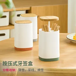 Japanese-Style Holder Automatic Press Type Toothpick Box Multi-Purpose Compartment Cotton Swab Floss Storage Toothpick Tin