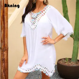 Beach Dress White Women Summer Cover Up Corchet V-neck Tunic Swimsuit Cover-up Woman Outfit Flounce Lace Sleeve Swim Dresses Women's Swimwea